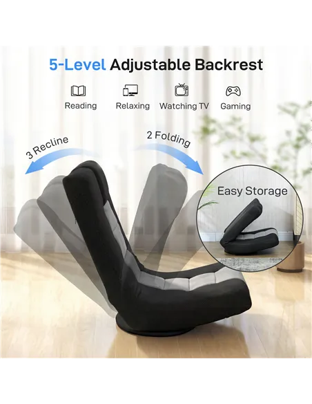 HOMCOM Floor Chair, Folding Floor Sofa with Adjustable Backrest, Wide Seat, Swivel Base, Black