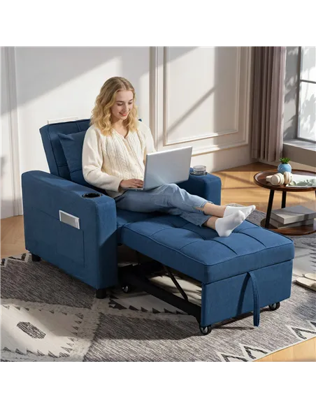 HOMCOM 3-in-1 Single Sofa Bed, Convertible Sleeper Chair Bed - Dark Blue