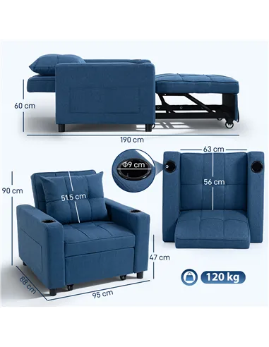 HOMCOM 3-in-1 Single Sofa Bed, Convertible Sleeper Chair Bed - Dark Blue