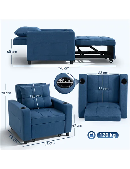 HOMCOM 3-in-1 Single Sofa Bed, Convertible Sleeper Chair Bed - Dark Blue