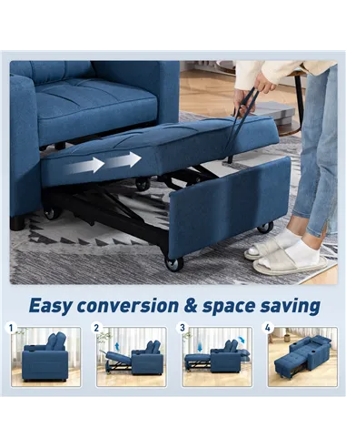 HOMCOM 3-in-1 Single Sofa Bed, Convertible Sleeper Chair Bed - Dark Blue