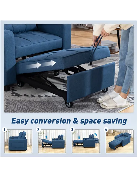 HOMCOM 3-in-1 Single Sofa Bed, Convertible Sleeper Chair Bed - Dark Blue