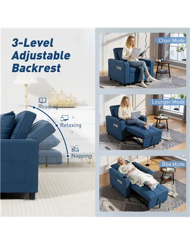 HOMCOM 3-in-1 Single Sofa Bed, Convertible Sleeper Chair Bed - Dark Blue