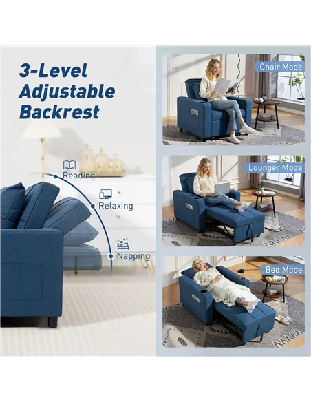 HOMCOM 3-in-1 Single Sofa Bed, Convertible Sleeper Chair Bed - Dark Blue