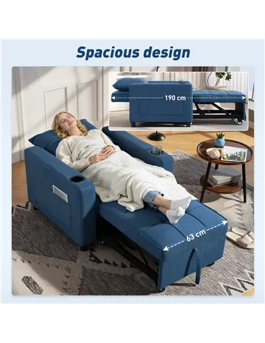 HOMCOM 3-in-1 Single Sofa Bed, Convertible Sleeper Chair Bed - Dark Blue