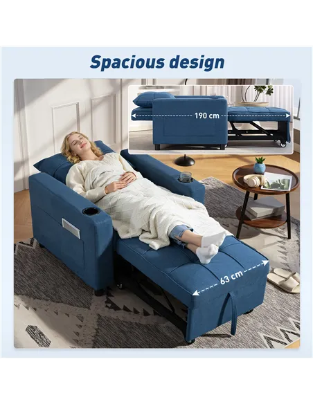 HOMCOM 3-in-1 Single Sofa Bed, Convertible Sleeper Chair Bed - Dark Blue