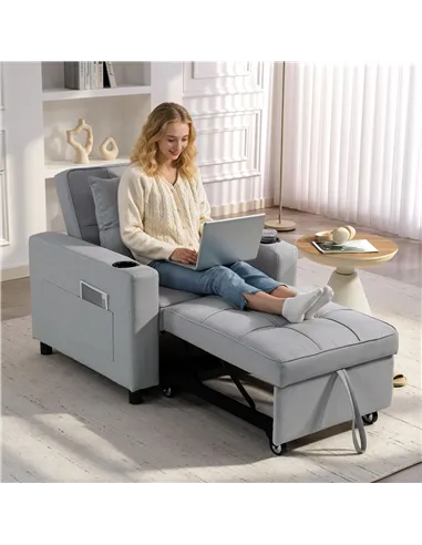 HOMCOM 3-in-1 Single Sofa Bed, Convertible Sleeper Chair Bed - Light Grey