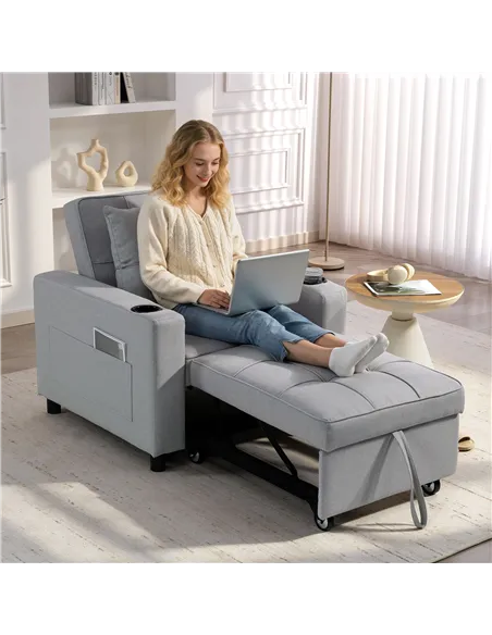 HOMCOM 3-in-1 Single Sofa Bed, Convertible Sleeper Chair Bed - Light Grey