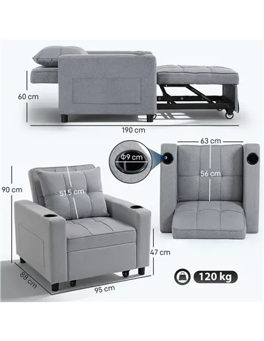 HOMCOM 3-in-1 Single Sofa Bed, Convertible Sleeper Chair Bed - Light Grey