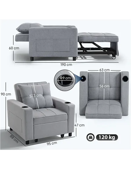 HOMCOM 3-in-1 Single Sofa Bed, Convertible Sleeper Chair Bed - Light Grey