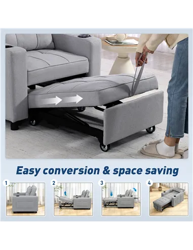 HOMCOM 3-in-1 Single Sofa Bed, Convertible Sleeper Chair Bed - Light Grey