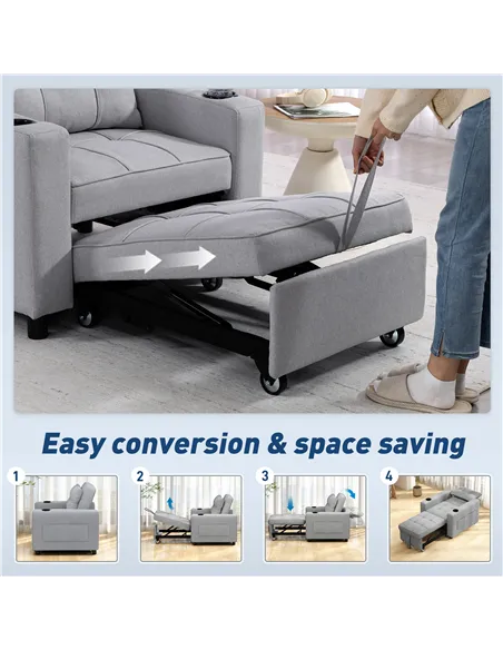 HOMCOM 3-in-1 Single Sofa Bed, Convertible Sleeper Chair Bed - Light Grey