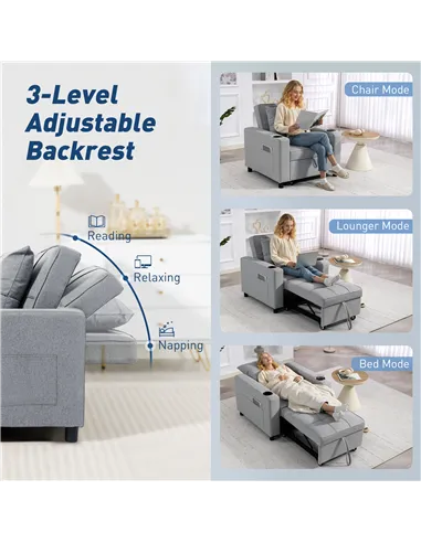 HOMCOM 3-in-1 Single Sofa Bed, Convertible Sleeper Chair Bed - Light Grey