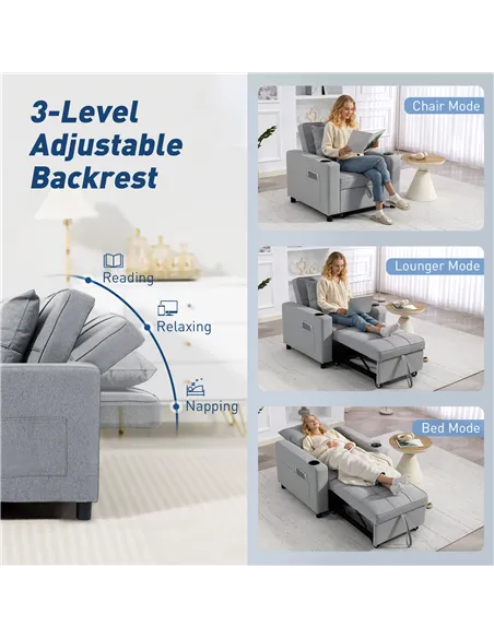 HOMCOM 3-in-1 Single Sofa Bed, Convertible Sleeper Chair Bed - Light Grey