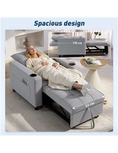 HOMCOM 3-in-1 Single Sofa Bed, Convertible Sleeper Chair Bed - Light Grey