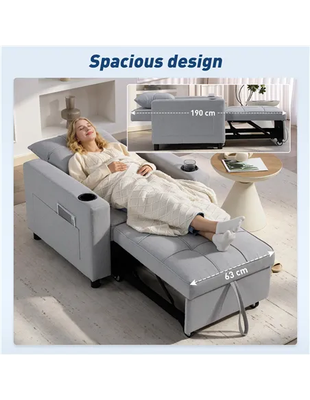 HOMCOM 3-in-1 Single Sofa Bed, Convertible Sleeper Chair Bed - Light Grey