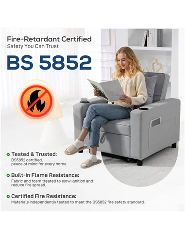 HOMCOM 3-in-1 Single Sofa Bed, Convertible Sleeper Chair Bed - Light Grey