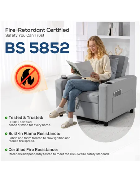 HOMCOM 3-in-1 Single Sofa Bed, Convertible Sleeper Chair Bed - Light Grey