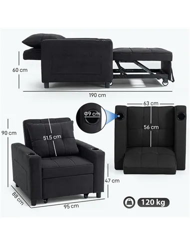 HOMCOM 3-in-1 Single Sofa Bed, Convertible Sleeper Chair Bed - Black