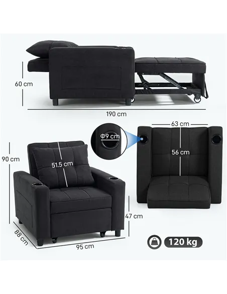 HOMCOM 3-in-1 Single Sofa Bed, Convertible Sleeper Chair Bed - Black