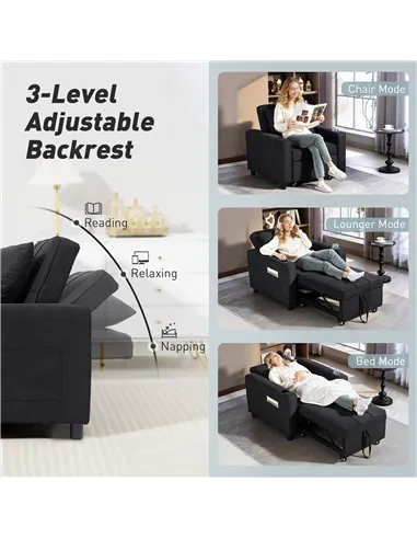 HOMCOM 3-in-1 Single Sofa Bed, Convertible Sleeper Chair Bed - Black