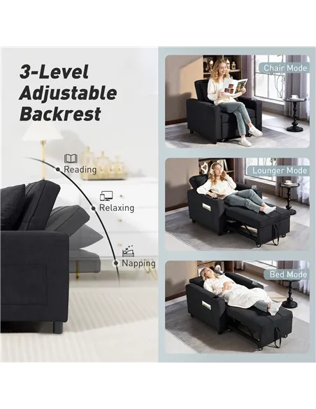 HOMCOM 3-in-1 Single Sofa Bed, Convertible Sleeper Chair Bed - Black