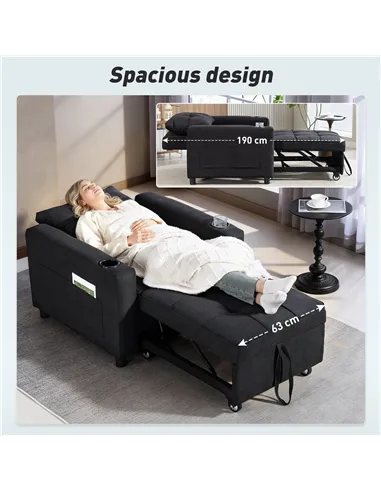 HOMCOM 3-in-1 Single Sofa Bed, Convertible Sleeper Chair Bed - Black