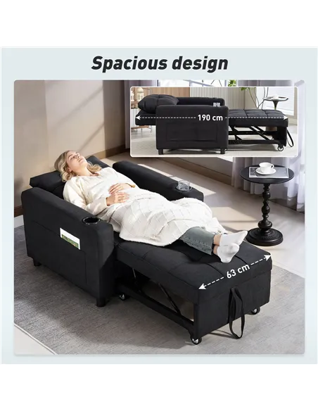 HOMCOM 3-in-1 Single Sofa Bed, Convertible Sleeper Chair Bed - Black