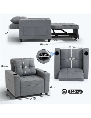 HOMCOM 3-in-1 Single Sofa Bed, Convertible Sleeper Chair Bed - Dark Grey