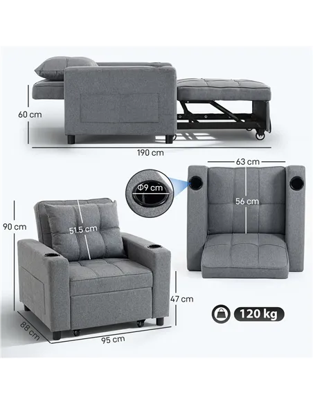 HOMCOM 3-in-1 Single Sofa Bed, Convertible Sleeper Chair Bed - Dark Grey