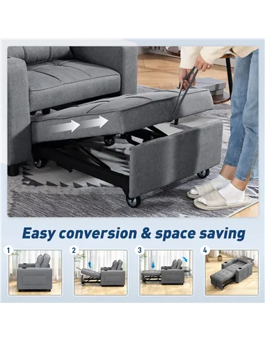 HOMCOM 3-in-1 Single Sofa Bed, Convertible Sleeper Chair Bed - Dark Grey