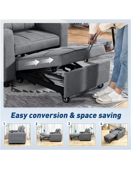 HOMCOM 3-in-1 Single Sofa Bed, Convertible Sleeper Chair Bed - Dark Grey