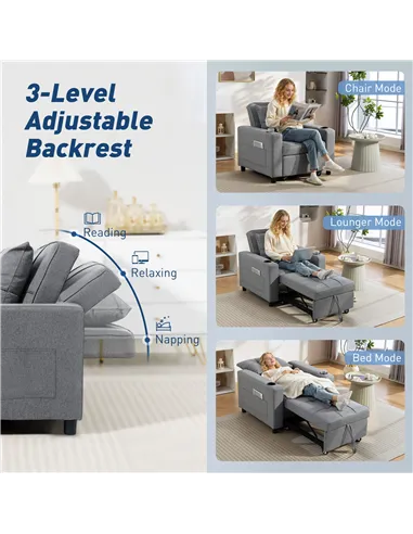 HOMCOM 3-in-1 Single Sofa Bed, Convertible Sleeper Chair Bed - Dark Grey