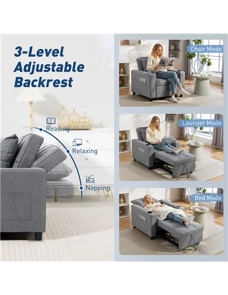 HOMCOM 3-in-1 Single Sofa Bed, Convertible Sleeper Chair Bed - Dark Grey