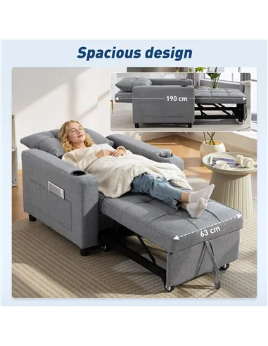 HOMCOM 3-in-1 Single Sofa Bed, Convertible Sleeper Chair Bed - Dark Grey