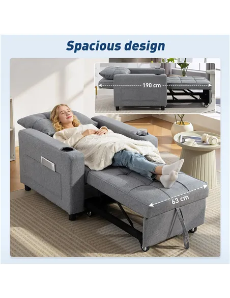 HOMCOM 3-in-1 Single Sofa Bed, Convertible Sleeper Chair Bed - Dark Grey