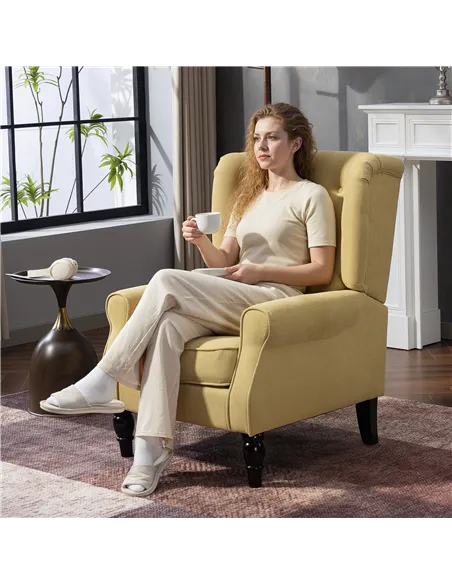 HOMCOM Wingback Accent Chair, Retro Upholstered Button Tufted Occasional Chair for Living Room and Bedroom, Yellow