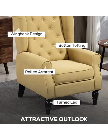 HOMCOM Wingback Accent Chair, Retro Upholstered Button Tufted Occasional Chair for Living Room and Bedroom, Yellow