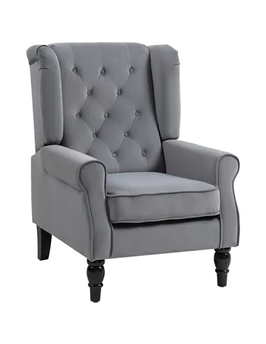 HOMCOM Wingback Accent Chair, Retro Upholstered Button Tufted Occasional Chair for Living Room and Bedroom, Light Grey