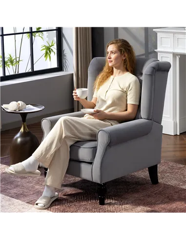 HOMCOM Wingback Accent Chair, Retro Upholstered Button Tufted Occasional Chair for Living Room and Bedroom, Light Grey