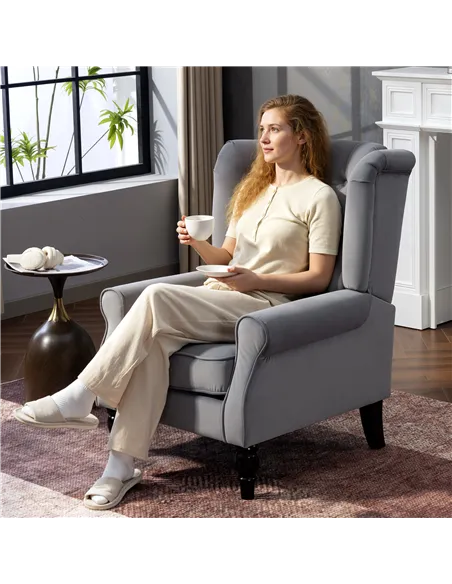 HOMCOM Wingback Accent Chair, Retro Upholstered Button Tufted Occasional Chair for Living Room and Bedroom, Light Grey