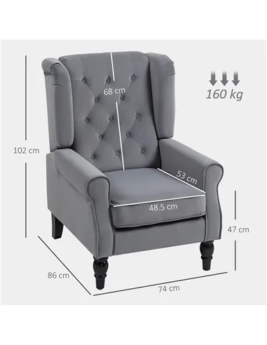 HOMCOM Wingback Accent Chair, Retro Upholstered Button Tufted Occasional Chair for Living Room and Bedroom, Light Grey