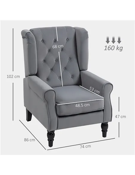 HOMCOM Wingback Accent Chair, Retro Upholstered Button Tufted Occasional Chair for Living Room and Bedroom, Light Grey