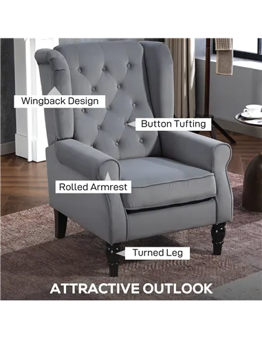HOMCOM Wingback Accent Chair, Retro Upholstered Button Tufted Occasional Chair for Living Room and Bedroom, Light Grey