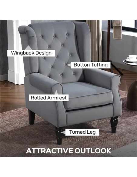 HOMCOM Wingback Accent Chair, Retro Upholstered Button Tufted Occasional Chair for Living Room and Bedroom, Light Grey