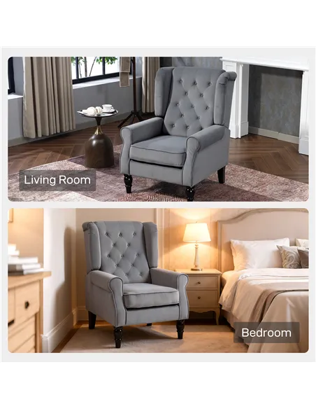 HOMCOM Wingback Accent Chair, Retro Upholstered Button Tufted Occasional Chair for Living Room and Bedroom, Light Grey
