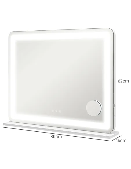 HOMCOM Vanity Mirror with Lights, Large 80x62 cm Lighted Makeup Mirror with 3 Colour, 10X Magnifying, USB Charging Port, Touch S
