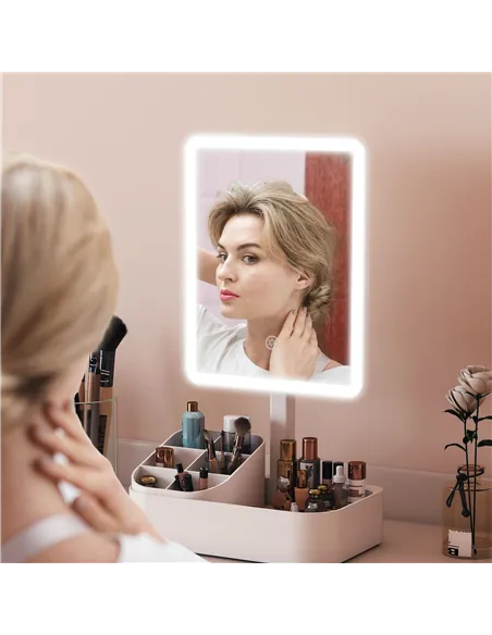 HOMCOM Makeup Mirror with Lights, Rechargeable Vanity Mirror w/ Touch Screen, 2 Lighting Modes and 180° Rotation, White