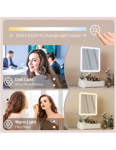 HOMCOM Makeup Mirror with Lights, Rechargeable Vanity Mirror w/ Touch Screen, 2 Lighting Modes and 180° Rotation, White