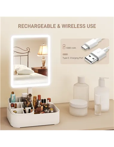 HOMCOM Makeup Mirror with Lights, Rechargeable Vanity Mirror w/ Touch Screen, 2 Lighting Modes and 180° Rotation, White